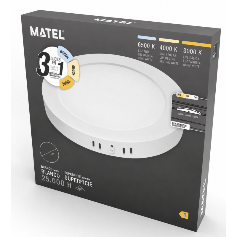 PLAFON DOWNLIGHT MATEL LED SUPERFICIE REDONDO BLANCO 18-24 W CCT
